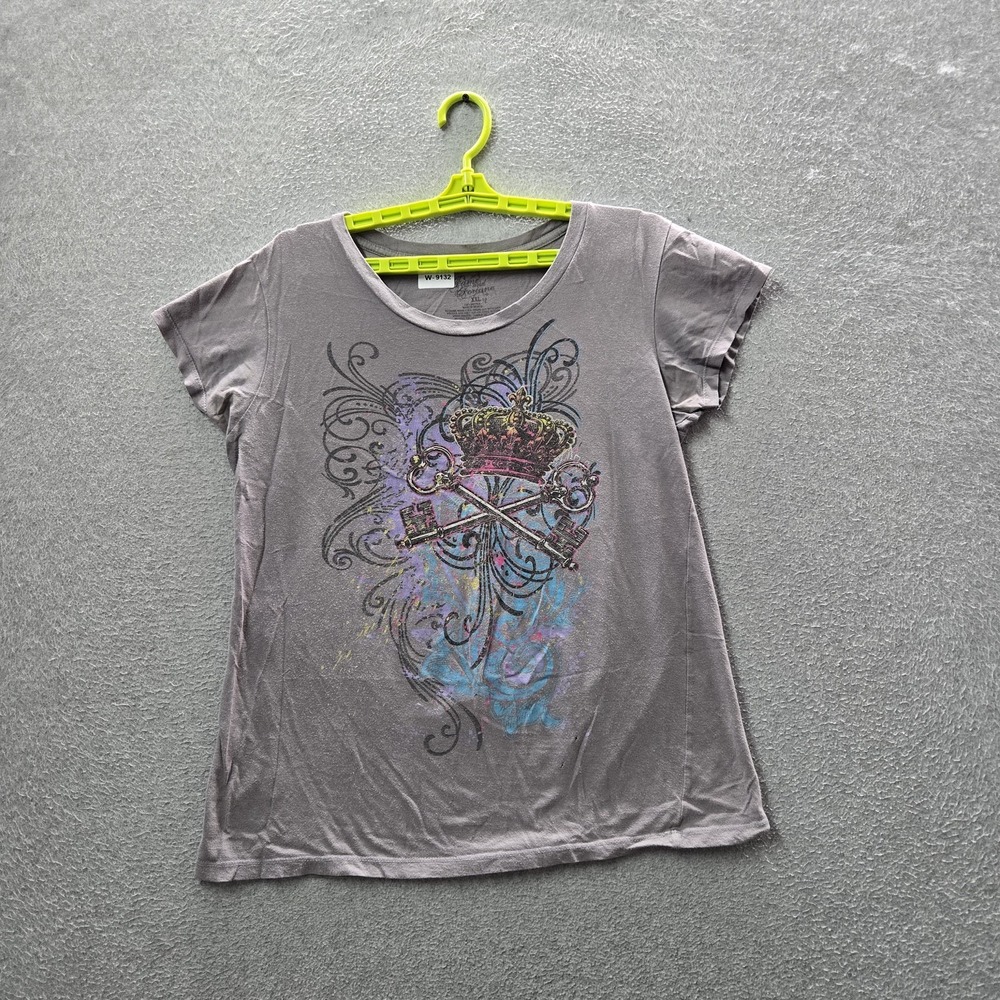 Fame & Fortune Women Shirt XL (17) Gray Graphic Print Scoop Neck Pullover READ